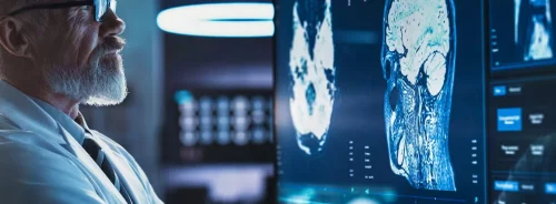 Radiologist reviewing brain MRI scans on diagnostic monitors, supporting neuroimaging assessment, neurological diagnosis and treatment planning.