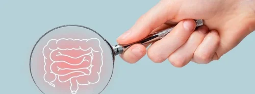 Digestive health concept with intestine icon under magnifying glass, symbolising gastrointestinal diagnosis, gut disease screening and clinical research.
