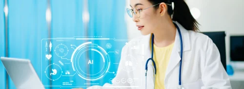Doctor using AI-enabled healthcare technology, supporting digital diagnostics, clinical decision support and patient data analysis.