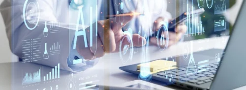 AI-powered healthcare analytics concept with doctor using digital dashboards for medical data analysis, clinical decision support and connected care.