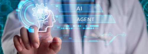 Doctor using an AI agent in digital healthcare, supporting clinical decision support, medical data analysis and intelligent care coordination.