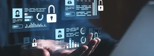 Healthcare cybersecurity concept with digital lock icons, supporting patient data protection, secure systems and hospital risk management.