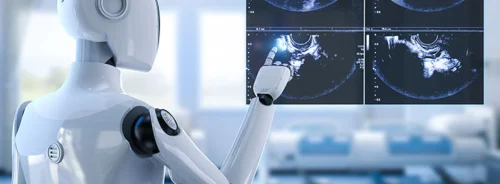 Robotic system reviewing ultrasound images, supporting AI-assisted imaging, diagnostic analysis and automated clinical workflows.