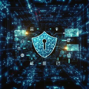 Conceptual image of healthcare cybersecurity, showing a digital shield protecting data servers.