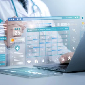Doctor using a digital project timeline, supporting clinical workflow planning, operational coordination and service delivery management.