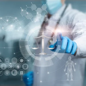 Doctor using AI governance interface, supporting ethical healthcare decisions, clinical oversight and responsible digital innovation.