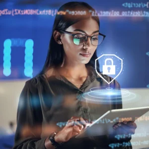 Cybersecurity professional using digital security tools, supporting data protection, threat monitoring, secure systems and digital risk management.