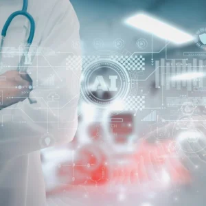 AI in healthcare concept, supporting clinical innovation, diagnostic technology, data-driven care and digital transformation.