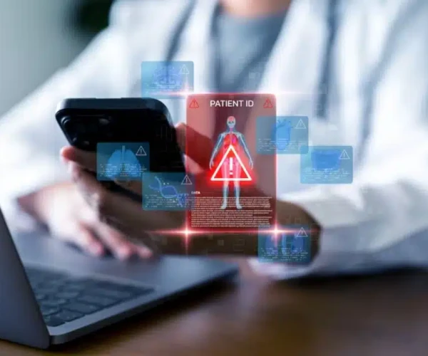 Clinician reviewing patient data on a mobile device, with digital overlays highlighting patient identification, risk alerts and interoperable health information systems.