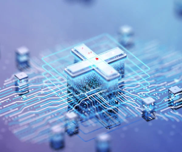 Digital healthcare infrastructure concept illustrating connected medical data and technology integration.