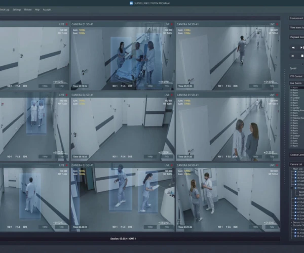Hospital surveillance system monitoring corridors and staff activity, illustrating security management and safety oversight in healthcare facilities.