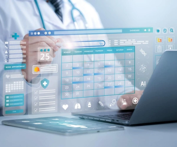 Doctor using a digital project timeline, supporting clinical workflow planning, operational coordination and service delivery management.