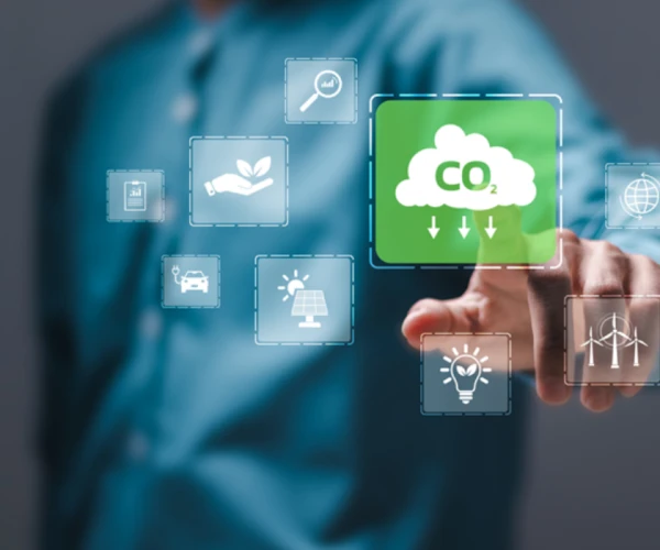 Digital CO₂ reduction interface in healthcare, supporting emissions tracking, sustainable care and green hospital operations.