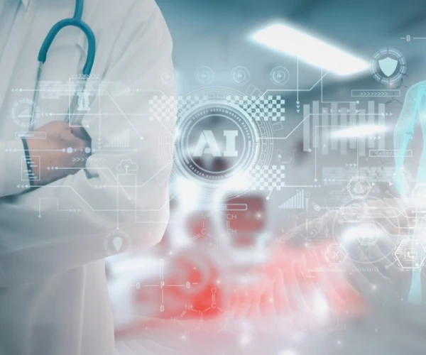 AI in healthcare concept, supporting clinical innovation, diagnostic technology, data-driven care and digital transformation.