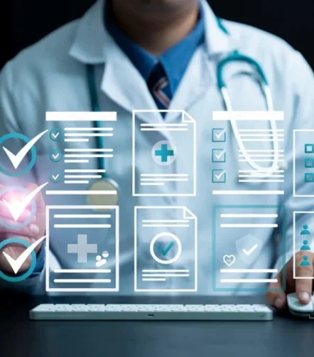 Clinician reviewing digital medical records and electronic health documentation.