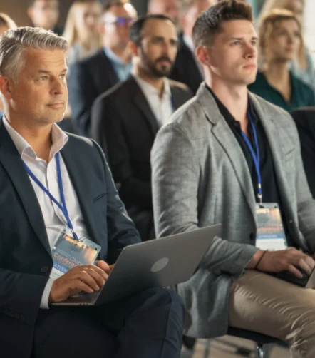 Healthcare professionals attending a medical conference, supporting leadership development, clinical education and healthcare management networking.