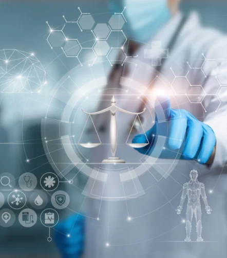 Doctor using AI governance interface, supporting ethical healthcare decisions, clinical oversight and responsible digital innovation.