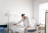 Doctor Examining Empty Hospital Bed – Preparing for Patient Admission or Rounds