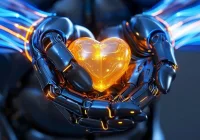 Futuristic robotic hands holding a glowing heart symbolising AI in healthcare and compassion 