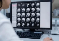Doctor examining CT scan results for advanced medical diagnosis and treatment planning 