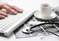Doctor working at keyboard with stethoscope, brain scans, tablets and coffee 