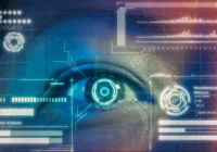 Close-up of eye scanning digital interface – biometric security and AI-driven data protection. 