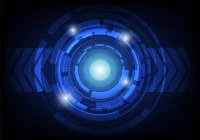  Futuristic digital interface with glowing blue HUD – innovation, cybersecurity and health tech design. 