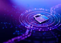 3D padlock icon on digital circuit – cybersecurity, data privacy and information protection in healthcare. 