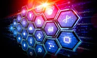 Digital healthcare and biotechnology interface with hexagonal icons representing medical innovation and data integration 