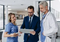Healthcare professionals and hospital administrators reviewing data on a digital tablet in a modern clinic 