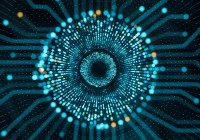 Abstract digital tunnel visualising data flow and AI processing, symbolising machine learning algorithms, neural networks and advanced computing in healthcare technology. 