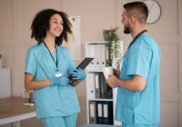 Nurses having a discussion in a hospital hallway, highlighting teamwork, communication and collaborative care in clinical settings. 