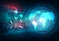 Global digital healthcare network concept with medical icons and world map, representing telemedicine, data connectivity and futuristic health innovation. 