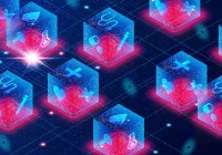 Futuristic blockchain technology in healthcare concept with glowing cubes and medical icons, representing secure data exchange, digital health records and decentralised innovation. 