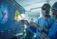 Neurosurgeons analysing brain activity maps during surgery using advanced neuroimaging technology 