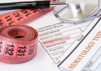 Medical tools and hematology test forms highlighting weight loss as a symptom in clinical evaluation 