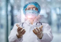 Doctor interacting with AI neural network interface symbolising artificial intelligence in medical innovation 