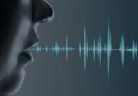Person speaking with digital soundwave representing voice recognition, speech technology and AI-driven communication 
