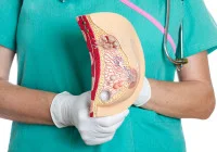 Healthcare professional holding anatomical breast model showing tumour and ducts. 
