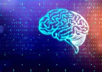Digital brain with binary code background symbolising AI, machine learning and neuroscience data analysis. 