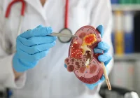 Doctor holding anatomical kidney model showing tumour location, used for renal cancer education and patient consultation. 