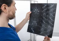 Doctor examining cerebral angiography scan showing brain blood vessels for neurological diagnosis. 
