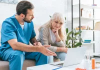 Healthcare professional explaining medical information to senior patient using laptop at home 