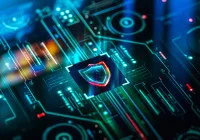 Digital cybersecurity concept with glowing shield icon on futuristic computer circuit board 