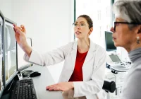 Doctor reviewing diagnostic imaging results with senior female patient during consultation 