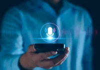 Voice recognition technology concept with smartphone and microphone icon interface 