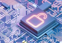 Cybersecurity breach concept showing open padlock on digital microchip 