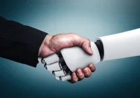 Human and AI collaboration handshake symbolising technology partnership and innovation 
