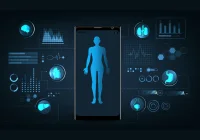 Digital health monitoring interface on smartphone with medical data and body scan graphics 