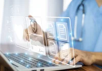 Clinician accessing secure electronic records, representing AI governance. 